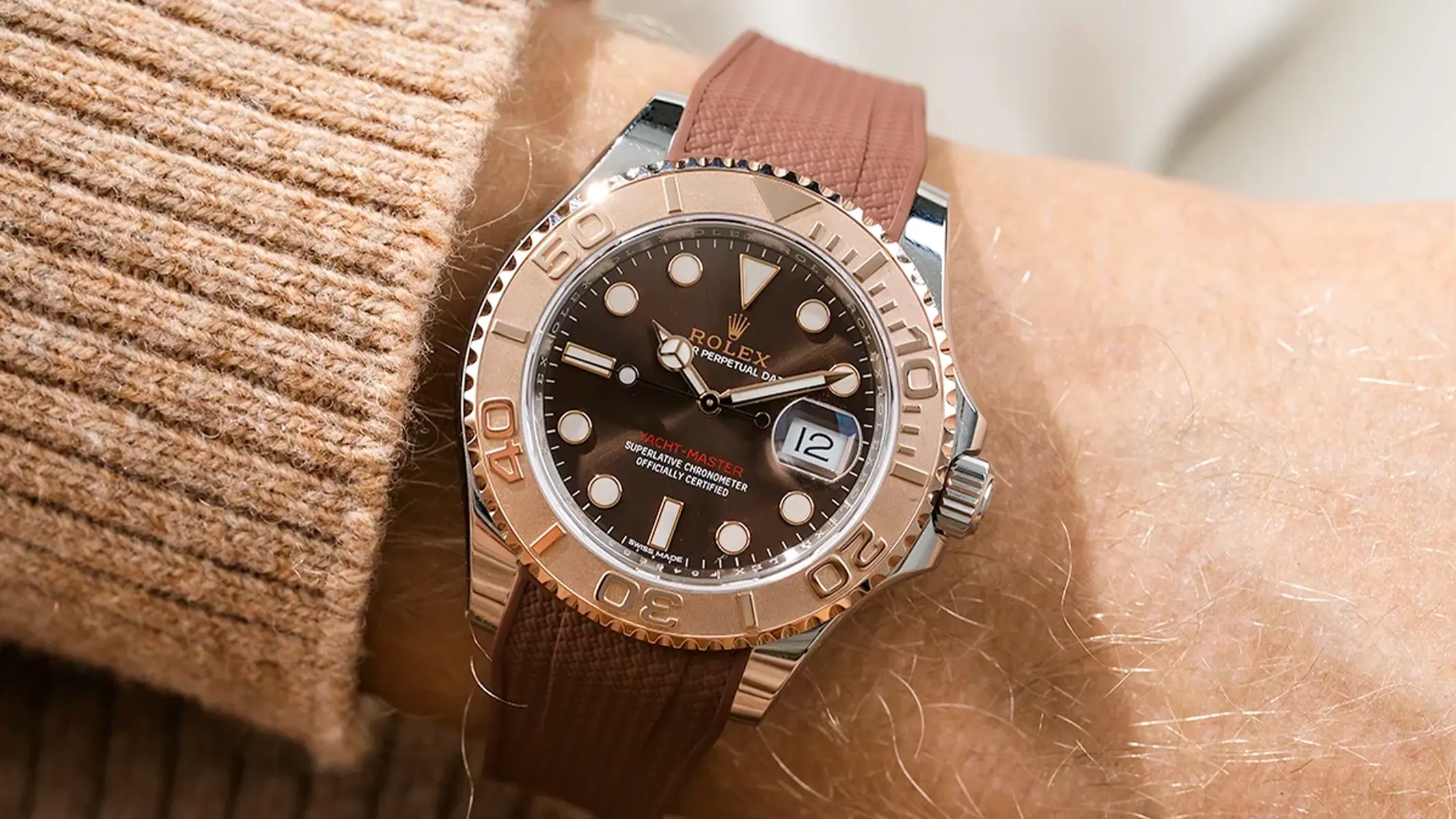 Rolex Yacht-Master on a brown rubber strap from Wristbuddys, luxury watch strap worn on the wrist